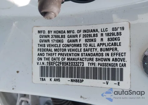 2019 Honda Civic Sport from USA, damaged, VIN 19XFC2F85KE033273